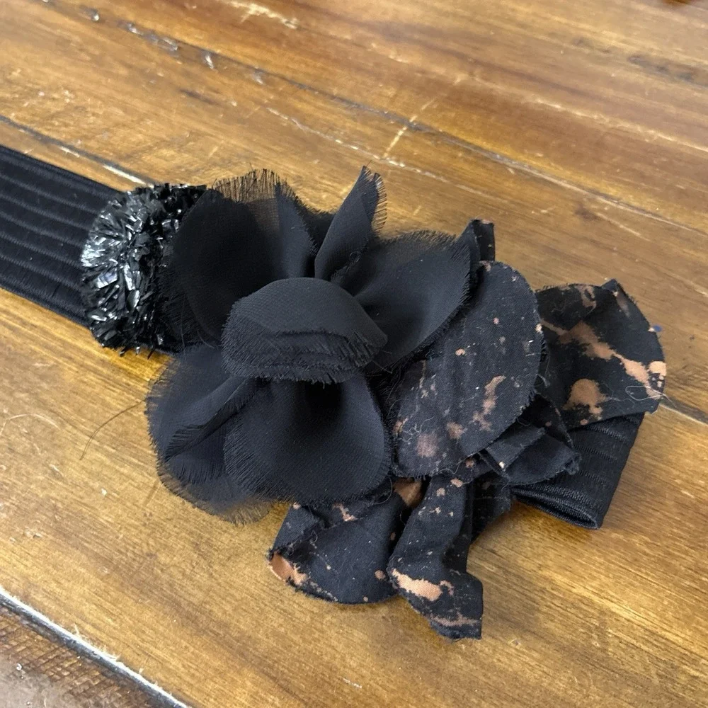 Vtg J.Crew Black Elastic Floral Waist Belt Rosette Chiffon Flower Cinch Y2K